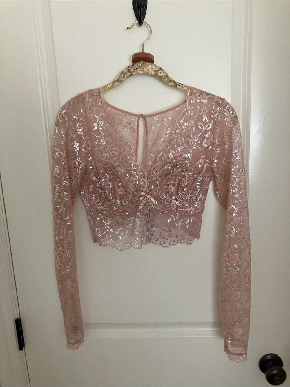 Victoria's Secret Blush Pink Lace Shimmer Long-Sleeve Crop Top